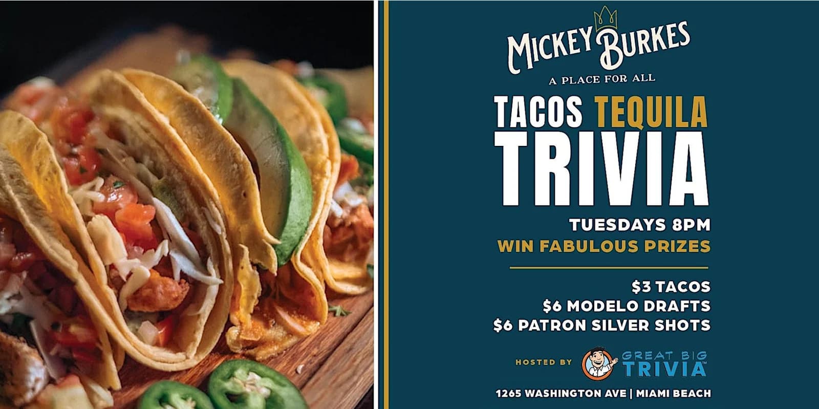 Mickey Burkes Tacos Tequila Trivia event flyer with tacos and event details