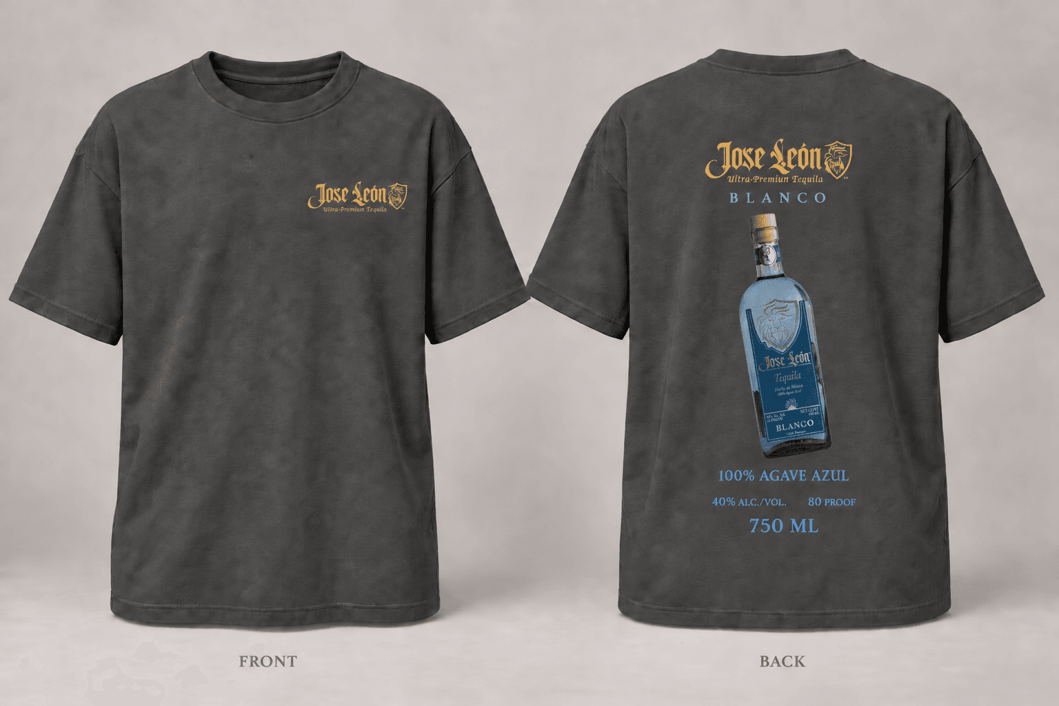 Front and back of the charcoal Jose León Blanco Bottle T-shirt