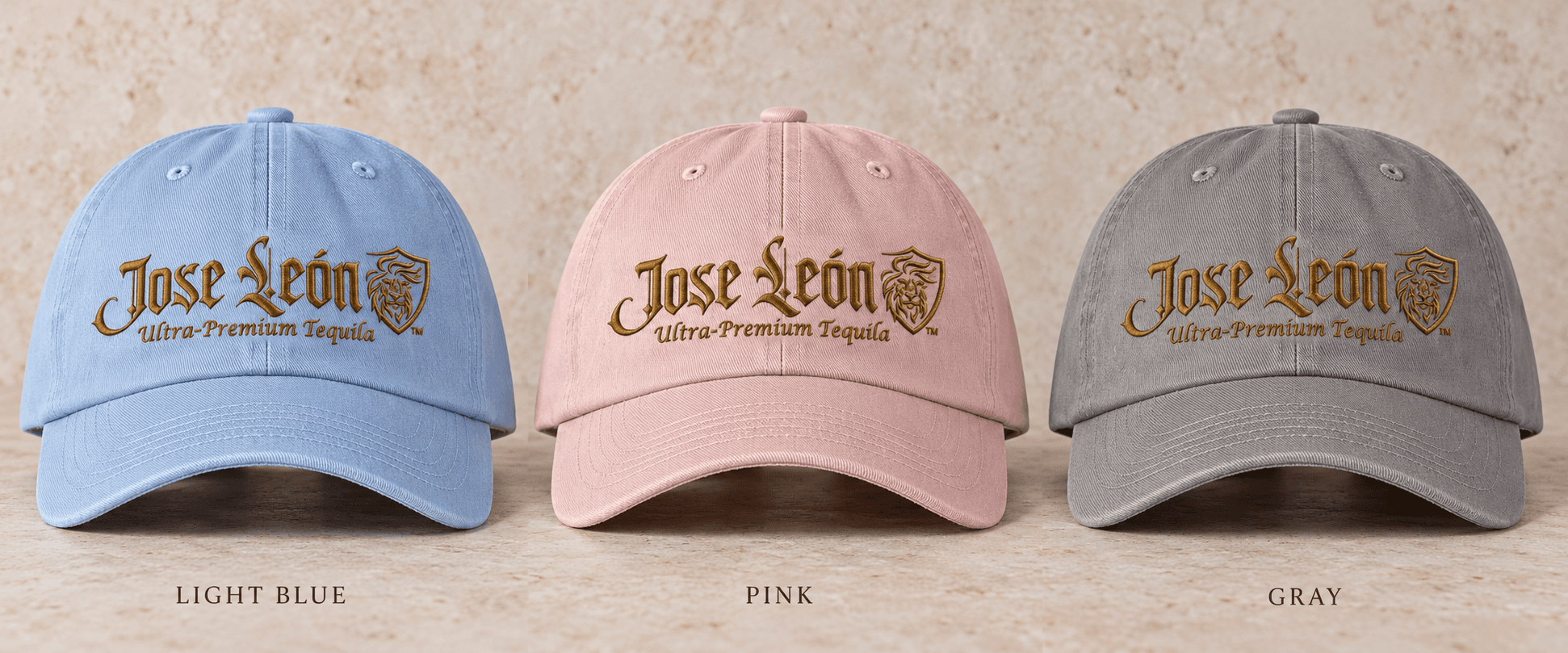 Jose León logo hats in Brandish Blue, Preppy Pink and Styling Gray