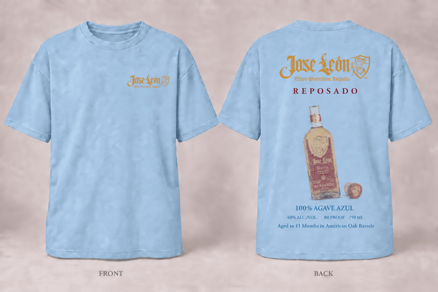 Front and back of the sky-blue Jose León Reposado Bottle T-shirt