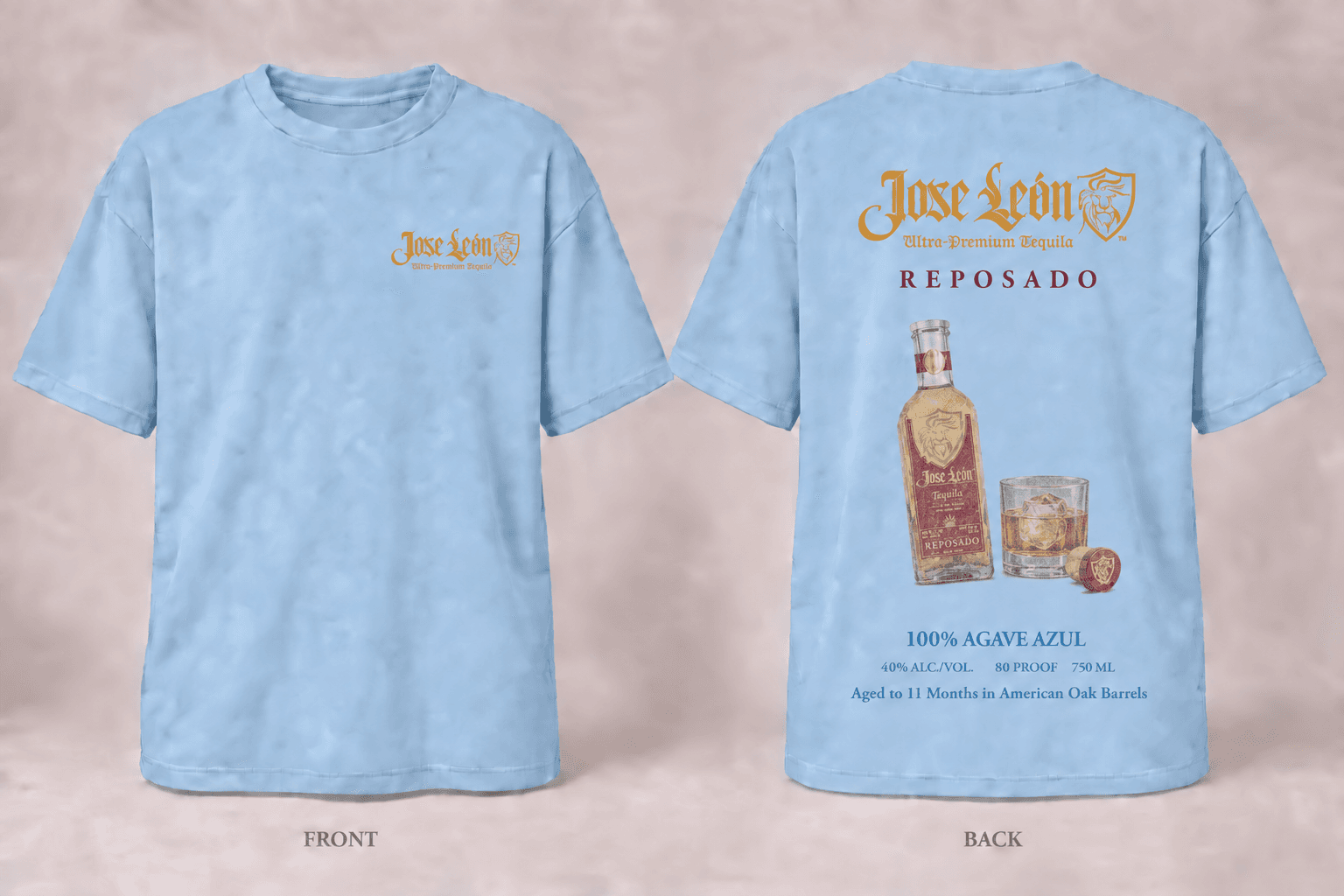 Front and back of the sky-blue Jose León Reposado cocktail T-shirt with bottle and rocks glass