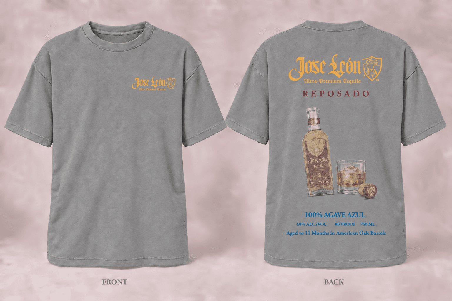 Front and back of the slate-gray Jose León Reposado cocktail T-shirt with bottle and rocks glass