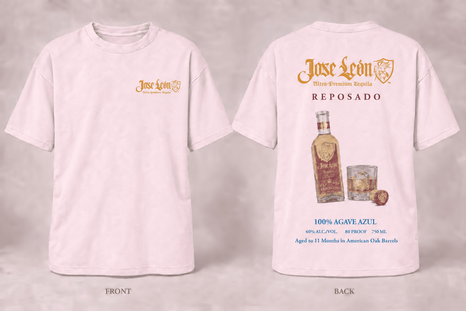 Front and back of the soft-pink Jose León Reposado cocktail T-shirt with bottle and rocks glass